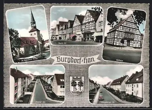 AK Burgdorf / Hannover, Markt-Str., Zintener-Str., Königsberger-Str., St. Pankratius-Kirche, Rathaus
