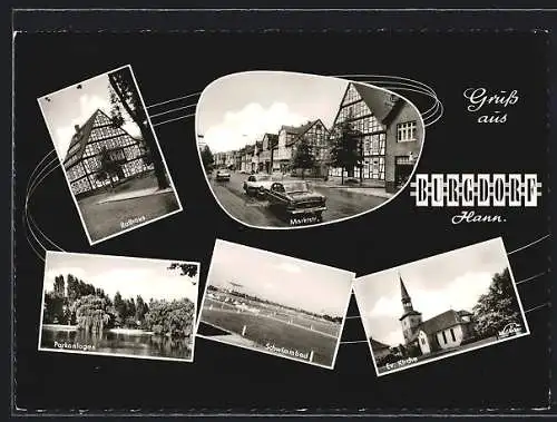 AK Burgdorf /Hann., Marktstr., Parkanlagen, Schwimmbad, Evg. Kirche, Rathaus