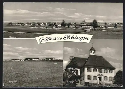 AK Elchingen / Aalen, Der Flugplatz, die Kirche, Gesamtansicht