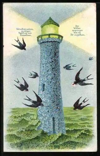 AK Blumenbild, Schwalben kreisen um einen Leuchtturm