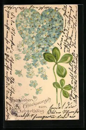 Lithographie Herz aus Vergissmeinnicht und Klee, Blumenbild zum Geburtstag