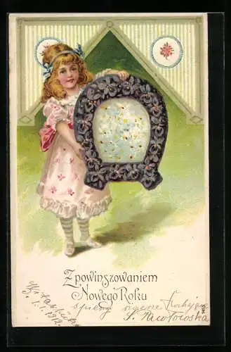 Präge-AK Blumenbild mit Veilchen, süsses blondgelocktes Mädchen