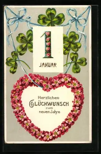 AK Kalenderblatt mit Blumekranz aus Vergissmeinnicht, Kleeblätter, Goldverzierung, Blumenbild