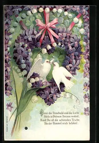 Präge-AK Herz aus Veilchen und weisse Tauben, Maiglöckchen, Blumenbild