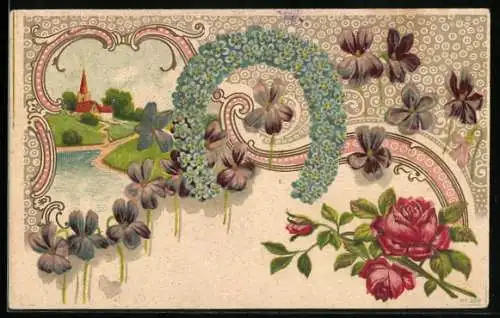 Präge-AK Hufeisen aus Vergissmeinnicht, Veilchen und Rosen