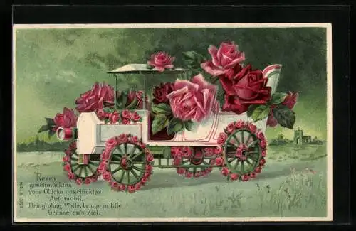 Präge-AK Rosengeschmücktes Auto, Blumenbild