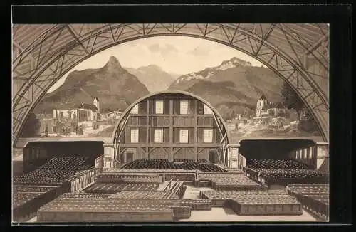 AK Oberammergau, Passionsspielhaus, Inneres mit Orts- und Bergblick