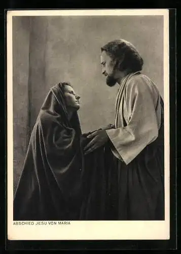 AK Oberammergau, Passionsspiele 1950, Abschied Jesu von Maria, Szenenfoto mit Anton Preisinger u. Annemie Mayr