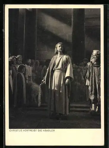AK Oberammergau, Passionsspiele 1950, Christus vertreibt die Händler