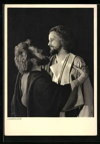 AK Oberammergau, Passionsspiele 1950, Judaskuss, Szenenfoto mit Anton Preisinger u. Hans Schwaighofer