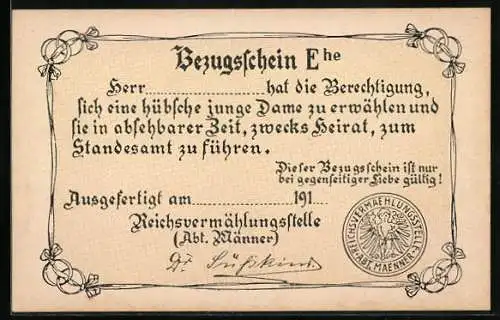 AK Bezugsschein Ehe: Herr... hat die Berechtigung, sich eine hübsche junge Dame zu erwählen