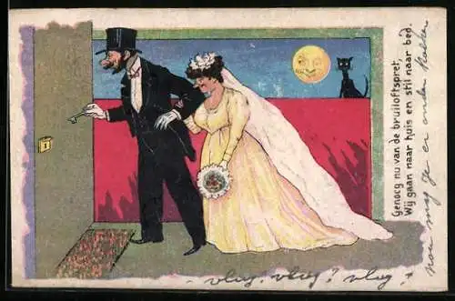 Künstler-AK Brautpaar vor der Haustür