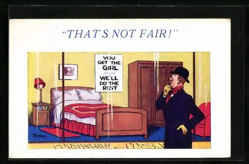 Künstler-AK You get the girl, we`ll do the rest, Mann am Möbelgeschäft