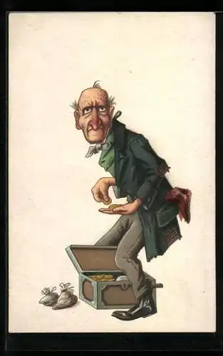Künstler-AK Mann in alter Kleidung mit Geldkiste