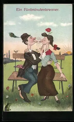 Künstler-AK Willi Scheuermann: Ein Fünfminutenbrenner, Küssendes Paar auf Parkbank