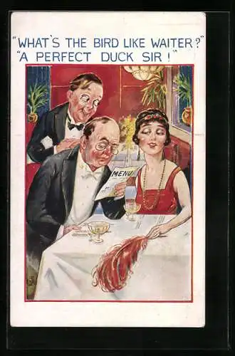 Künstler-AK What`s the bird like, waiter?, Kellner starrt auf Frau