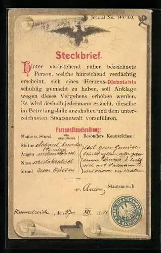 AK Steckbrief: Person, welche verdächtig erscheint, sich eines Herzens-Diebstahls schuldig gemacht zu haben
