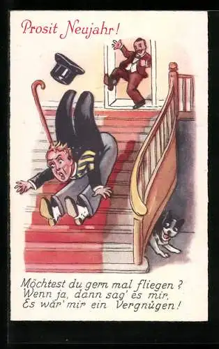 AK Möchtest du gern mal fliegen?, Mann poltert nach einem Tritt in den Po die Treppe hinunter
