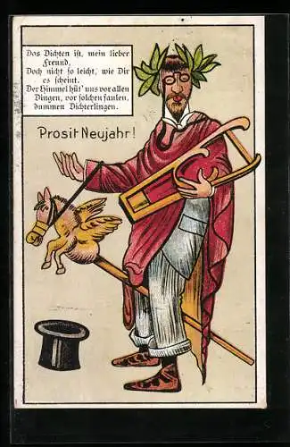 Künstler-AK Der Himmel hüt uns vor solchen faulen, dummen Dichterlingen, Dichter auf Steckenpferd