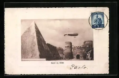 AK Roma, Zeppelin fliegt über die Burg