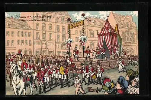 Künstler-AK Köln, Funken-Infanterie und Zelt auf dem Karneval