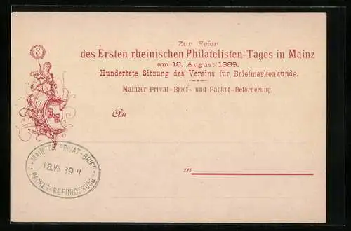 AK Mainz, Erste rheinische Philatelisten-Tage 1889, Sitzung des Vereins für Briefmarkenkunde, Mainzer Private Stadtpost