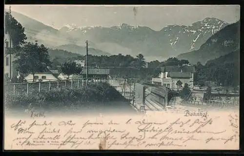 AK Ischl, Bahnhof-Ansicht gegen die Berge