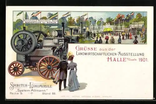 Lithographie Halle a. Saale, Landwirtschaftliche Ausstellung 1901, Spiritus-Lokomobile System Altmann