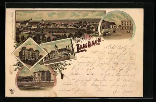 Lithographie Lambach, Bahnhof, Sparkasse, Benediktiner Stift