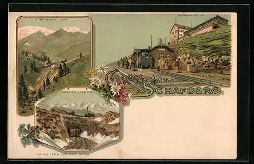 Lithographie Schafberg, Bergbahn an der Bergspitze, Alm, Partie der Bahnstrecke
