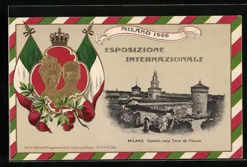 AK Milano, Esposizione Internazionale, Castello colla Torre de Filarete, italienisches Königspaar