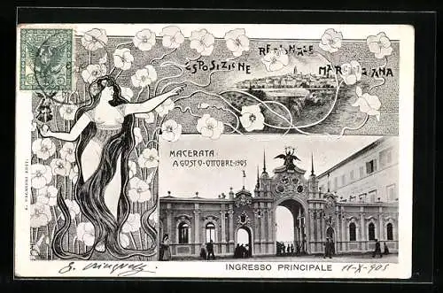 AK Macerata, Esposizione Regionale Marchigiana 1905, Ingresso Principale, junge Dame mit langen Haaren und freier Brust