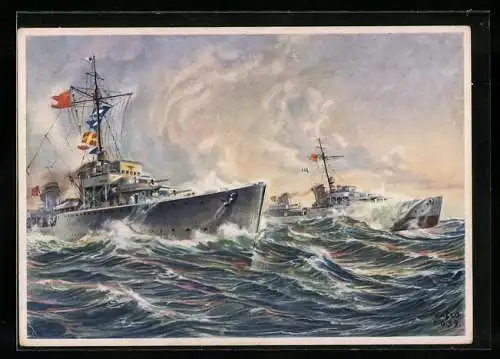 Künstler-AK K. Blossfeld: Zerstörer der Kriegsmarine auf hoher See
