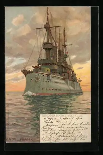 Künstler-AK Raoul Frank: SMS Fürst Bismarck aus dem Ostasiengeschwader