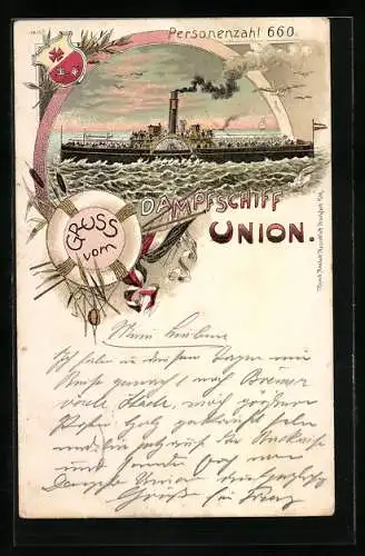 Lithographie Dampfschiff Union auf offener See