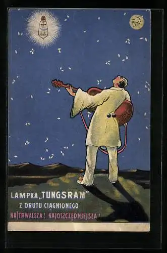 Künstler-AK Reklame für Lampen Tungsram, Mann spielt Gitarre für die Glühwürmchen