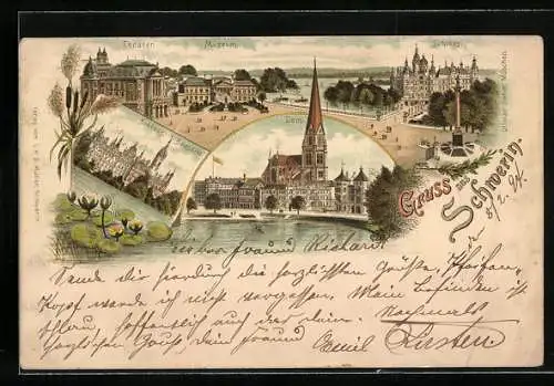 Vorläufer-Lithographie Schwerin / Mecklenburg, 1894, Theater & Museum, Schloss, Dom