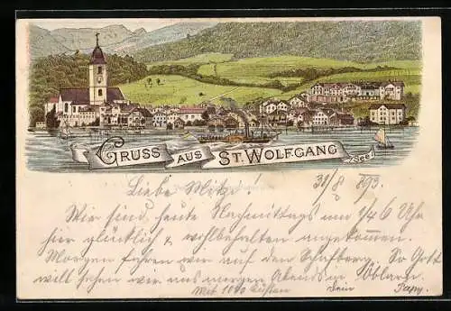 Vorläufer-Lithographie St. Wolfgang a. See, 1893, Blick vom See auf den Ort, Dampfer