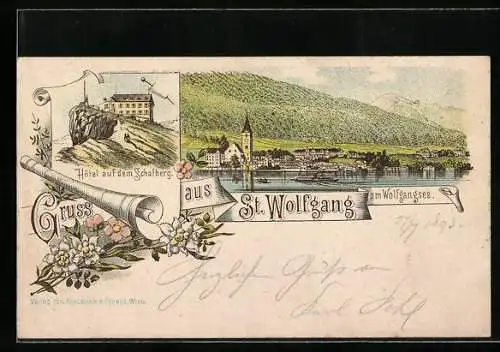 Vorläufer-Lithographie St. Wolfgang am Wolfgangsee, 1893, Ortsansicht, Hotel auf dem Schafberg