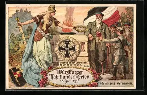 Lithographie Würzburg, Jahrhundertfeier 1913 f. d. Veteranen, Germania & Veteranen am Altar, Ganzsache Bayern 5 Pfg.