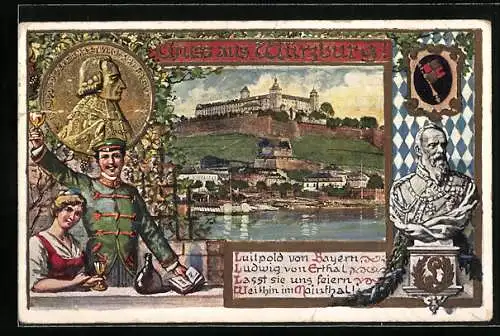 Künstler-AK Ganzsache Bayern PP27F13 /02: Würzburg, Schloss, grüssender Student, Prinzregent Luitpold