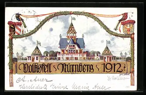 Künstler-AK Nürnberg, Volksfest 1912, Festgebäude, Wappen, Vögel, Ganzsache Bayern 5 Pfennig