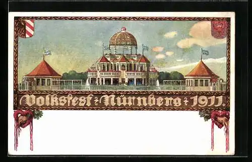 Künstler-AK Nürnberg, Volksfest 1911, Festhalle, Ganzsache Bayern 5 Pfennig