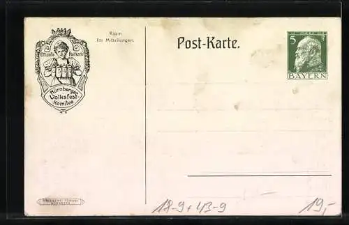 Künstler-AK Nürnberg, Volksfest 1911, Festhalle, Ganzsache Bayern 5 Pfennig