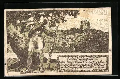 AK Kelheim, Erinnerungsfeier der deutschen Bundesfürsten an 1813, Ganzsache Bayern 5 Pfennig