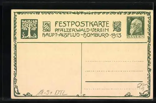 AK Homburg / Saar, Festpostkarte Pfälzerwald-Verein Hauptausflug 1913, Schloss Karlsberg, Ganzsache Bayern 5 Pfennig