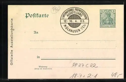 Künstler-AK Ganzsache PP27C22: Mülhausen i. E., 1. Internationale Postwertzeichen-Ausstellung 1903, Ausstellungsgebäude
