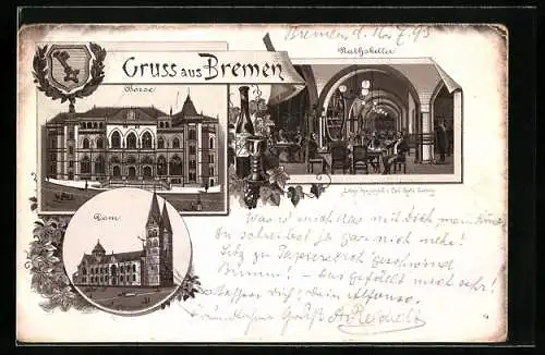 Vorläufer-Lithographie Bremen, 1893, Inneres Gasthaus Ratskeller, Börse, Dom