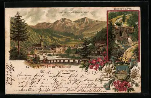 Vorläufer-Lithographie Lauffen bei Ischl, 1895, Ohorinsky-Klause, Ortsansicht gegen Hoch-Kahlenberg
