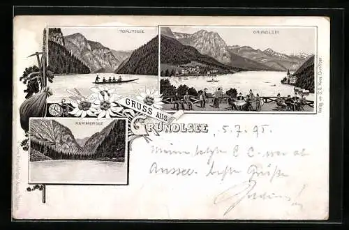 Vorläufer-Lithographie Grundlsee, 1895, Blick von einer Cafe-Terrasse auf den See, Toplitzsee, Kammersee
